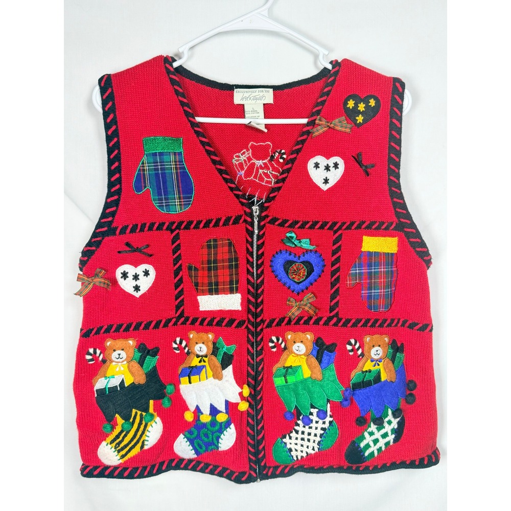 Lord & Taylor Vintage Christmas Sweater Vest Women L Red Teddy Bear Zip 90s 80s